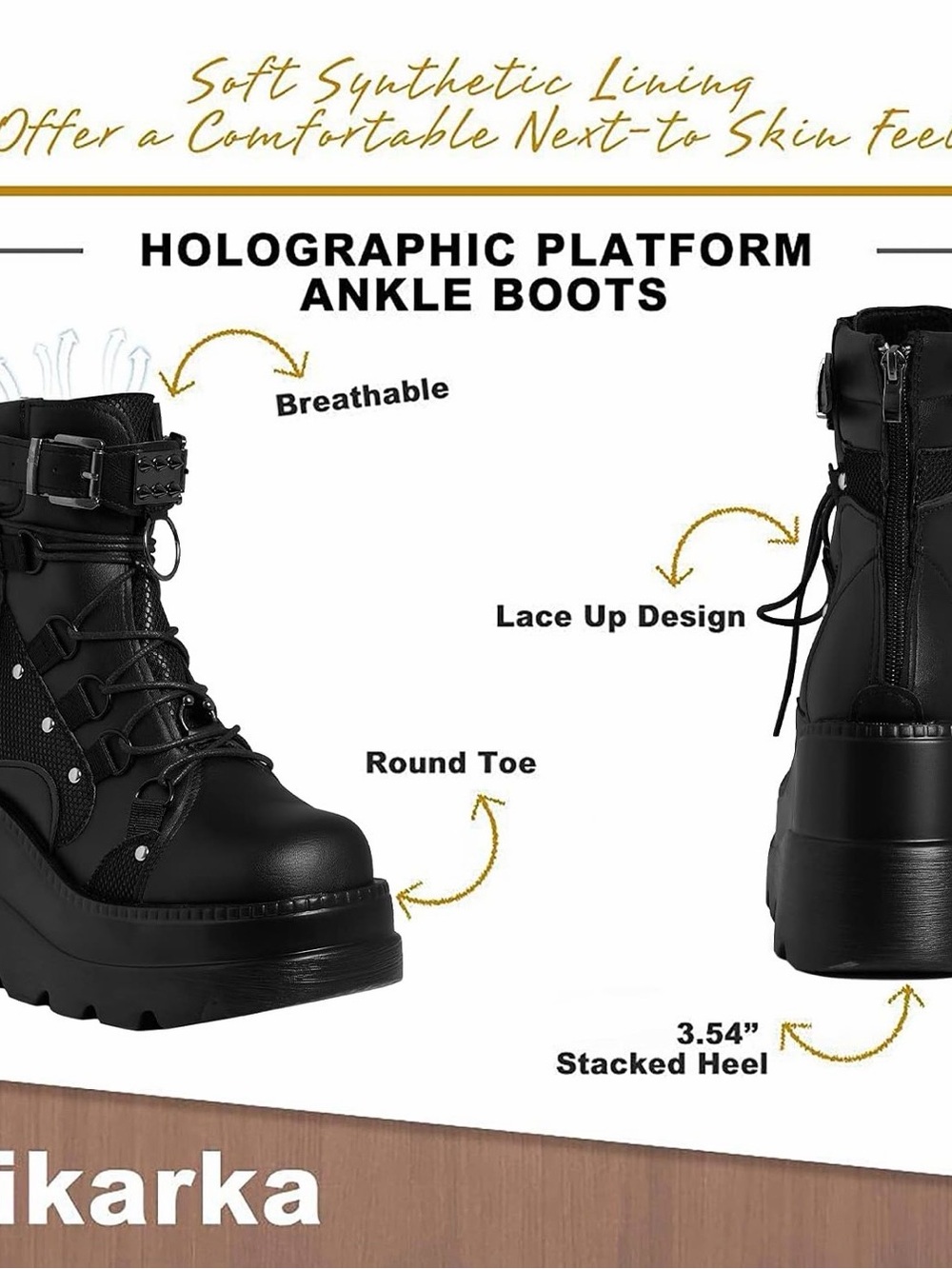 Women's Black Platform Combat Boots with Buckle & Lace-Up - Picture 3 of 4